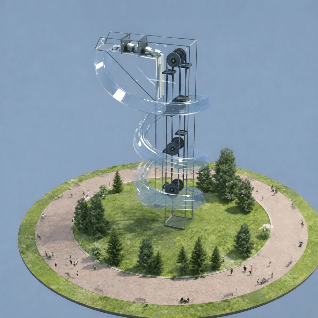 Energy exhibit — isometric spiral tower and landscape